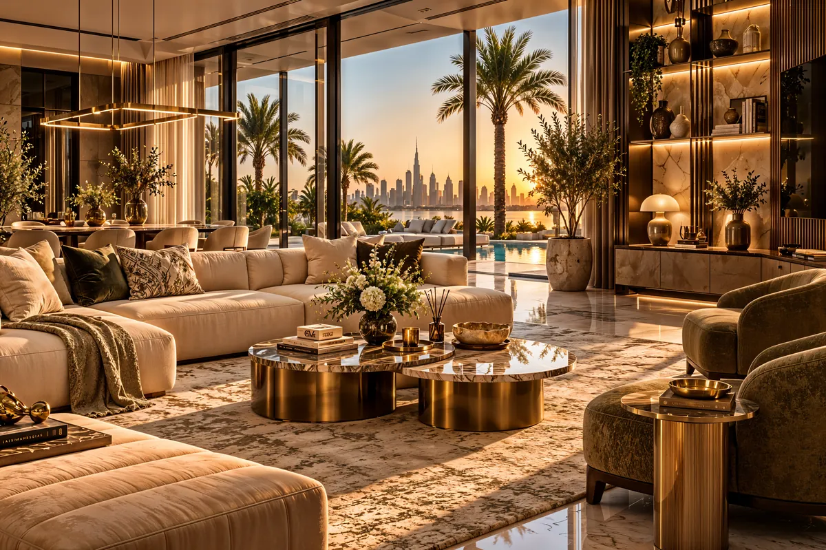 Furnished and styled living room with sofas, rug and coffee tables