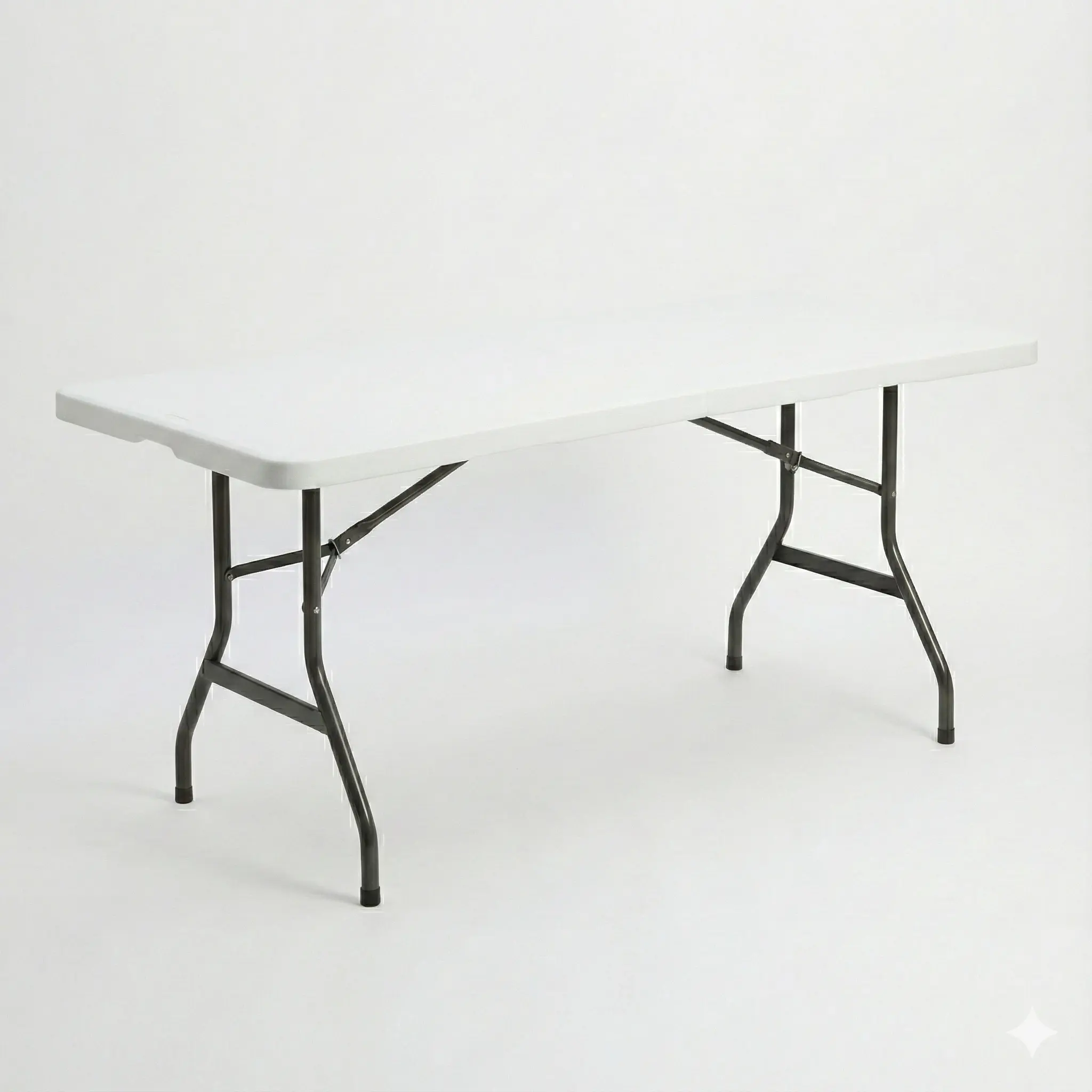 Angled view of a white rectangular 6-foot folding banquet table with black legs.