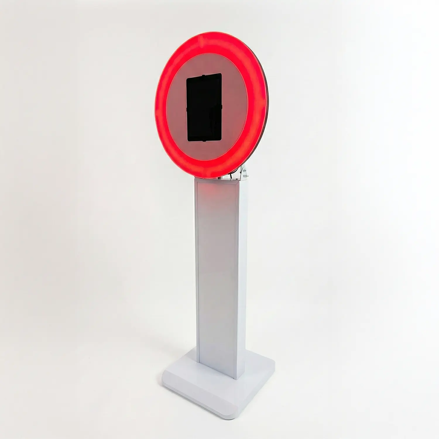 Ring-light selfie station photo booth with tablet mount and red LED ring light.