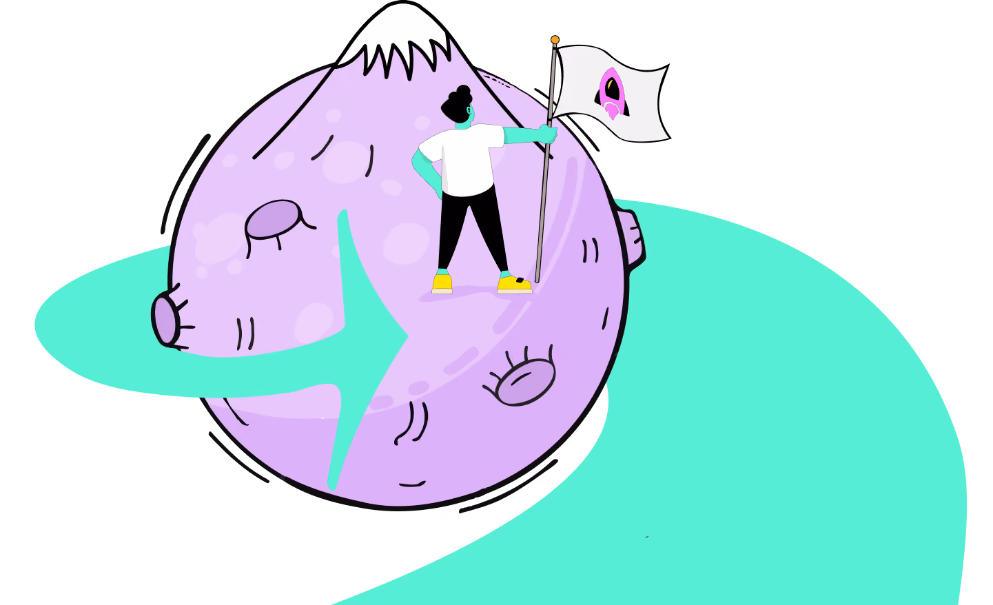 Ilustración de persona de pie sobre un planeta morado con cráteres y sosteniendo una bandera blanca con un icono rosa.