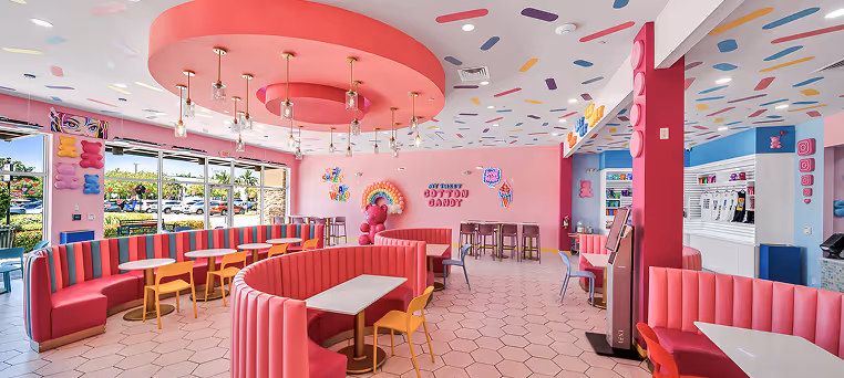 Colorful ice cream parlor interior with pink curved booths, yellow chairs, hexagonal tile floor, and vibrant ceiling decorations.