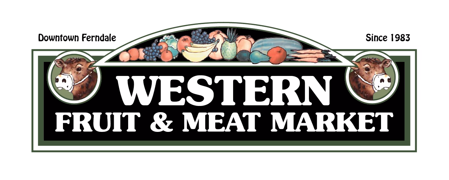 Western Fruit & Meat Market sign with illustrations of a cow wearing a face mask and assorted fruits and vegetables above the text.