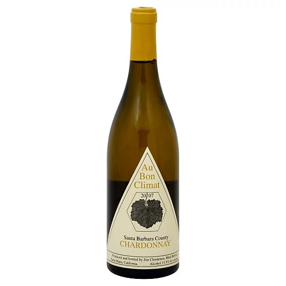 Bottle of Au Bon Climat Chardonnay wine from Santa Barbara County with yellow foil on the neck.