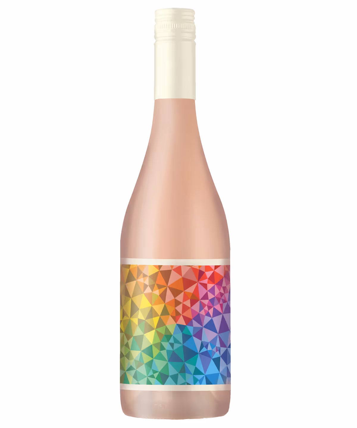 Bottle of rosé wine with a multicolored geometric patterned label and a white screw cap.