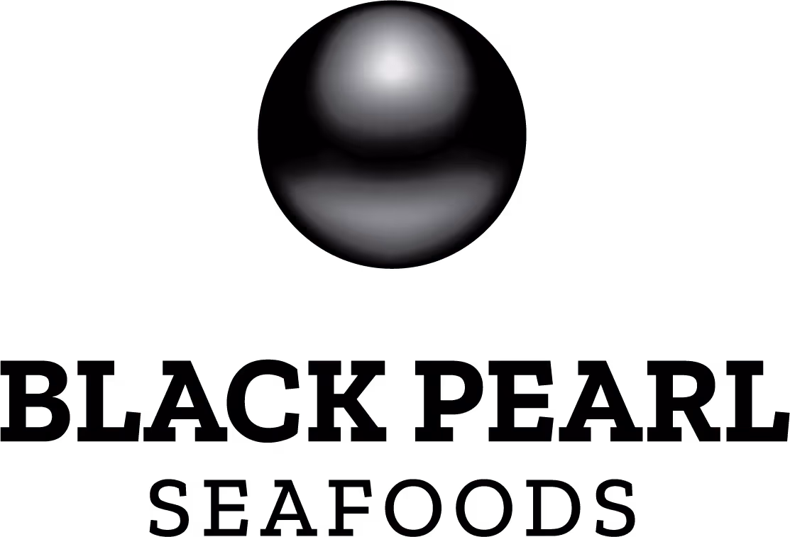 Black Pearl Seafoods logo featuring a shiny black pearl above the company name in bold black text.