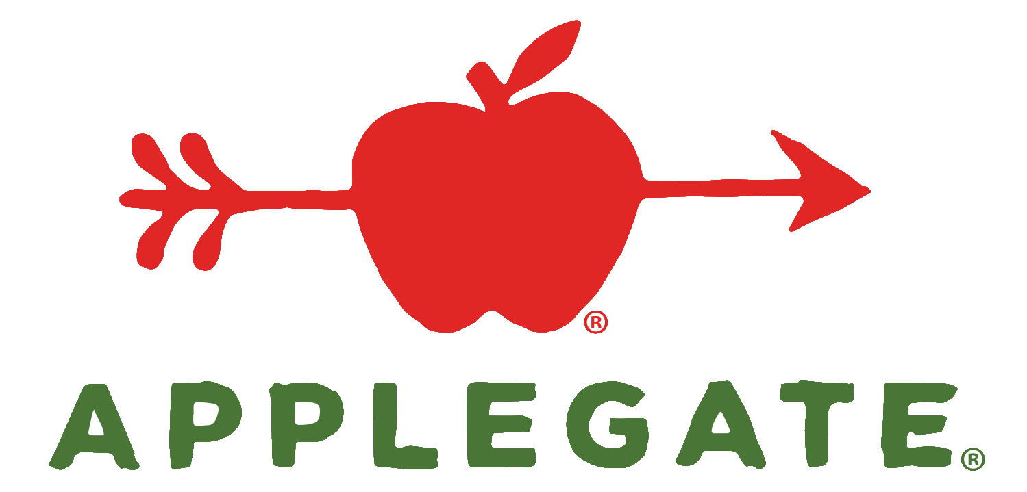 Applegate logo with green text and a red apple pierced by an arrow.
