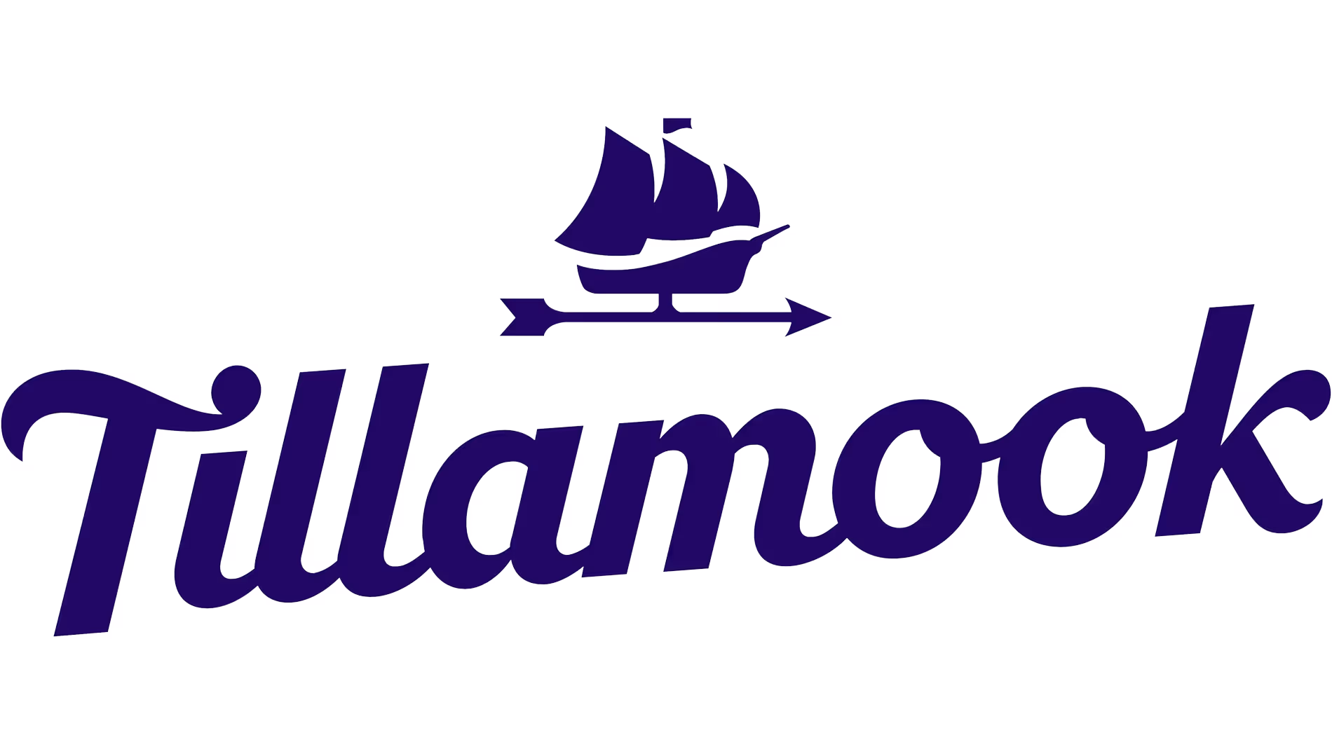 Tillamook wordmark with a sailing ship above an arrow.