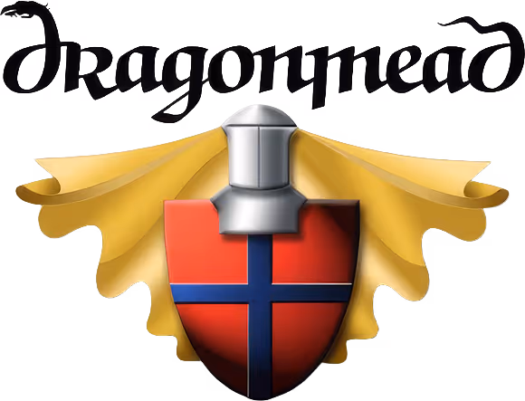 Dragonmead wordmark above a medieval helmet on a red shield with a blue cross and gold decorative cloth.