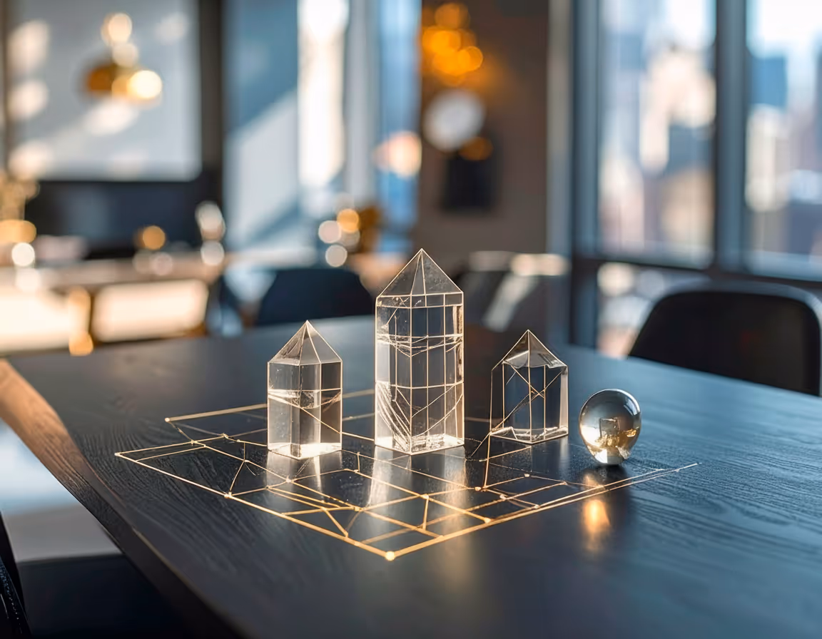 Three clear crystals on an office table.