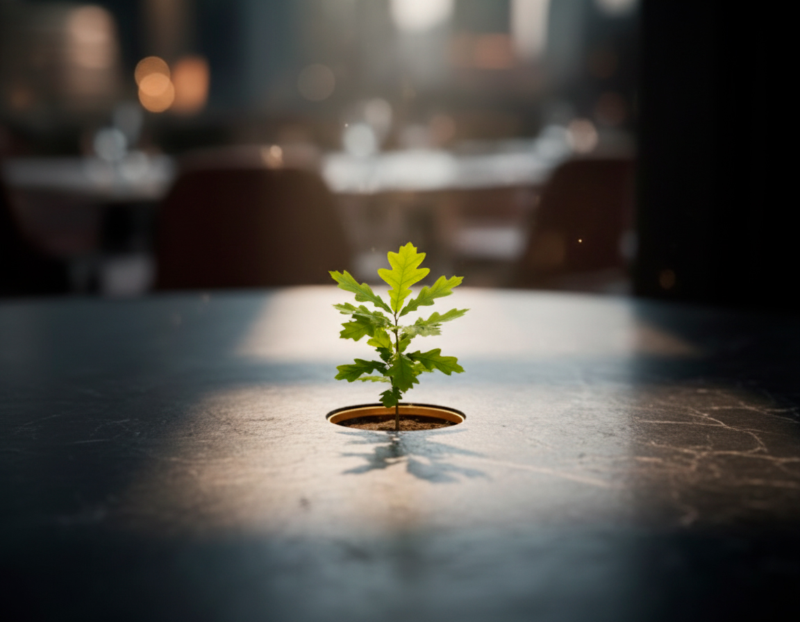 Small green plant growing through a round hole on a dark tabletop with a blurred background.