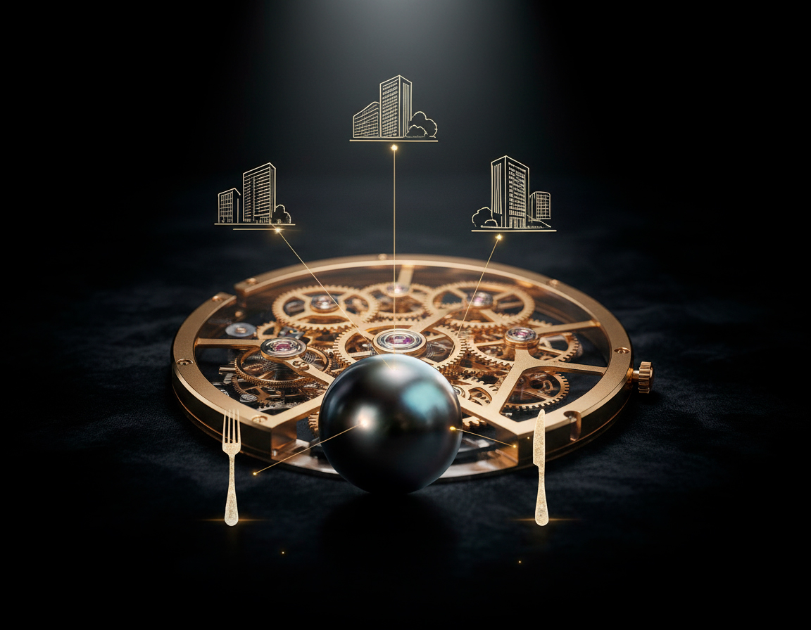 Close-up of intricate gold watch gears with a black pearl in front, connected by lines to golden icons of buildings, a fork, and a knife on a dark surface.