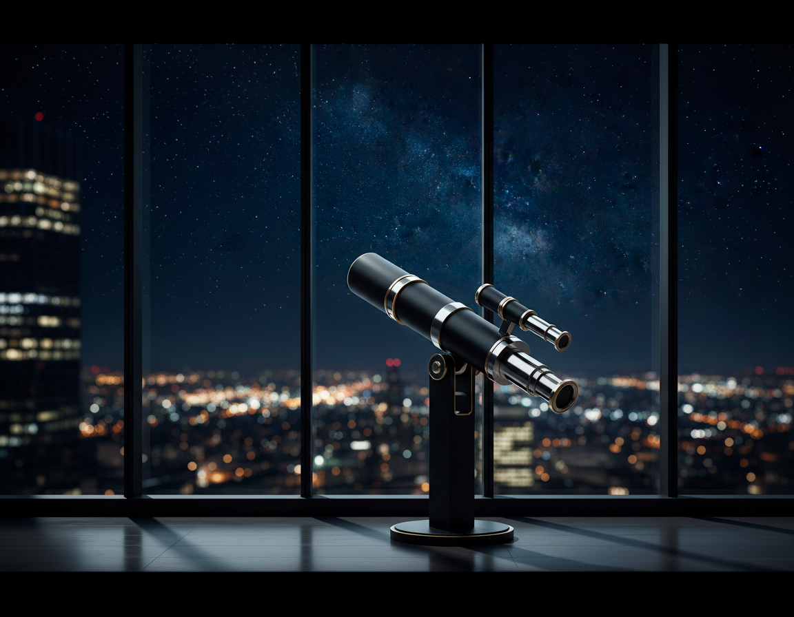 Black telescope on a stand inside a room with large windows showing a starry night sky over a cityscape.