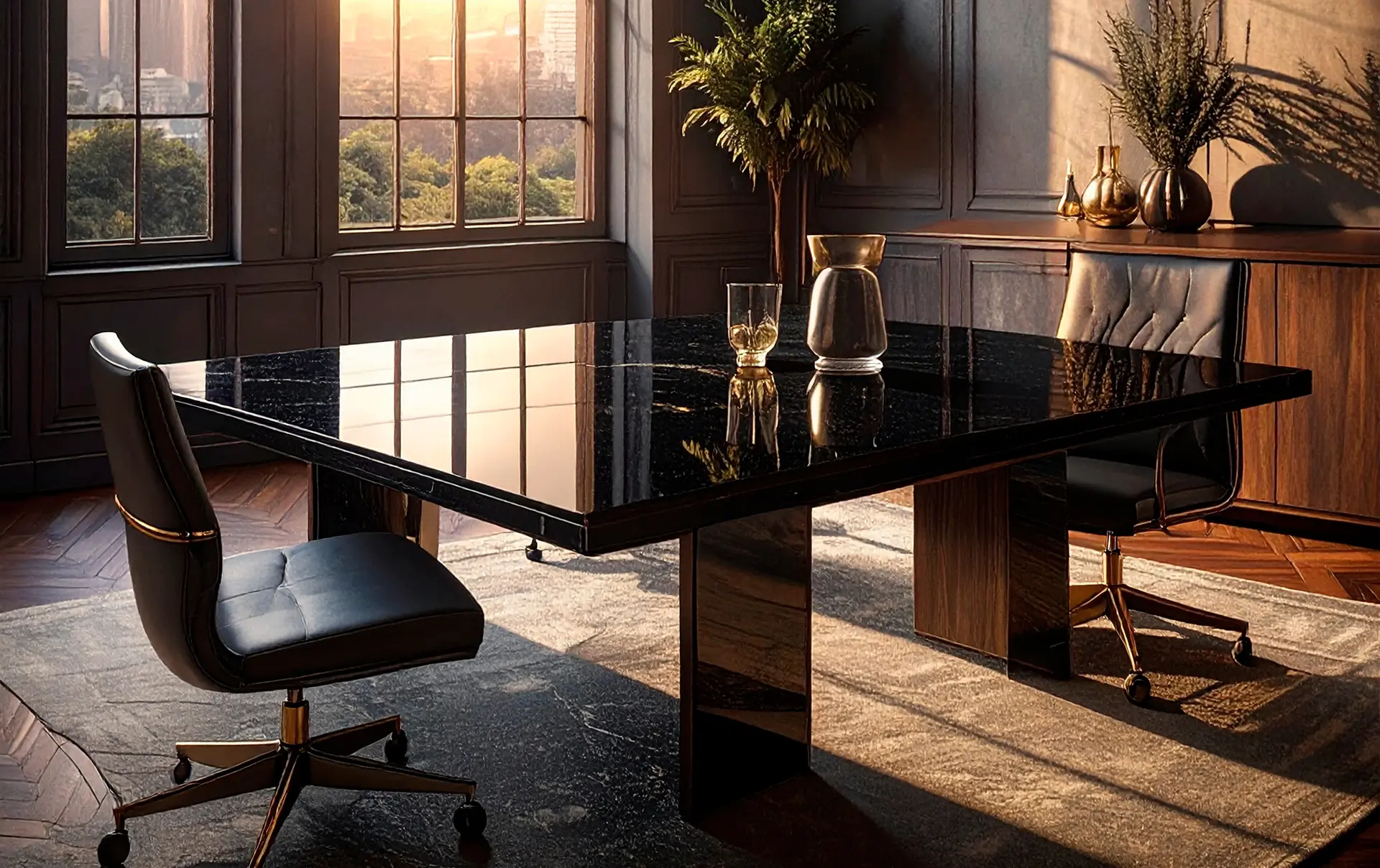 Elegant office space with black marble table, two black leather swivel chairs, large windows with sunset view, and wooden cabinet with decorative plants.