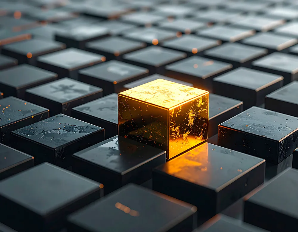 Glowing golden cube standing out among numerous dark matte cubes in a grid pattern.