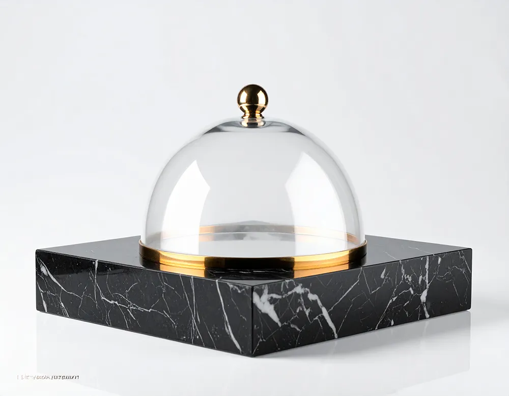 Clear glass dome with gold trim and knob on a black marble square base.