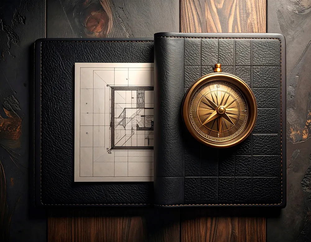 Vintage brass compass resting on an open black leather-bound notebook displaying an architectural floor plan sketch.