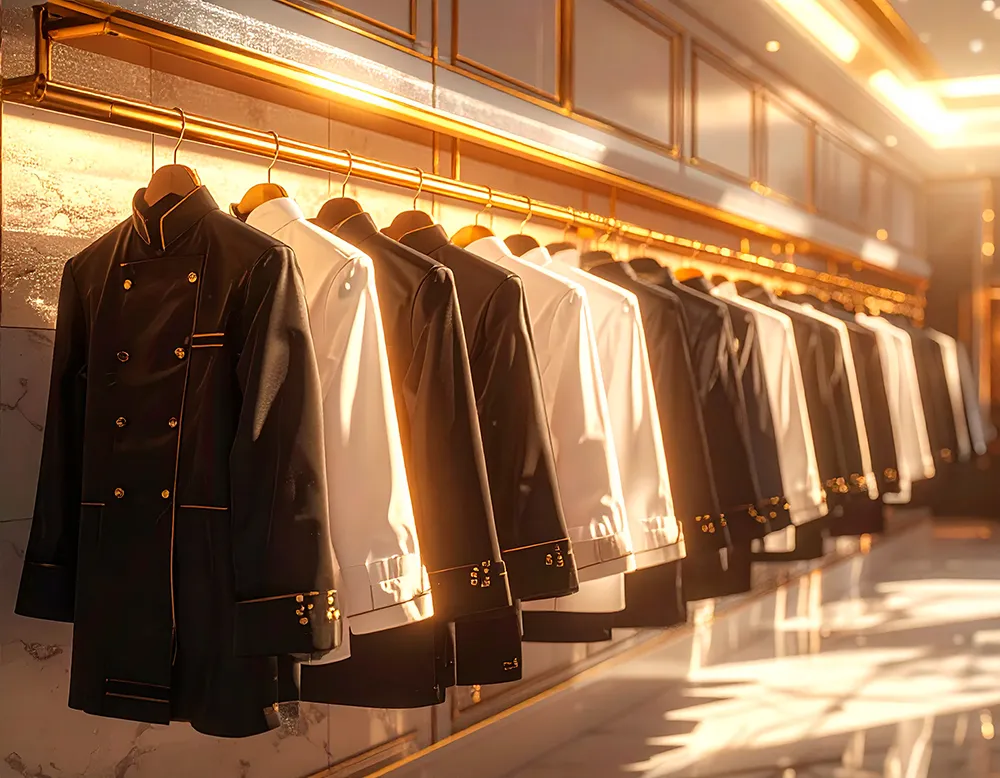Black and white chef jackets with gold accents hanging on a gold clothing rack in warm lighting.