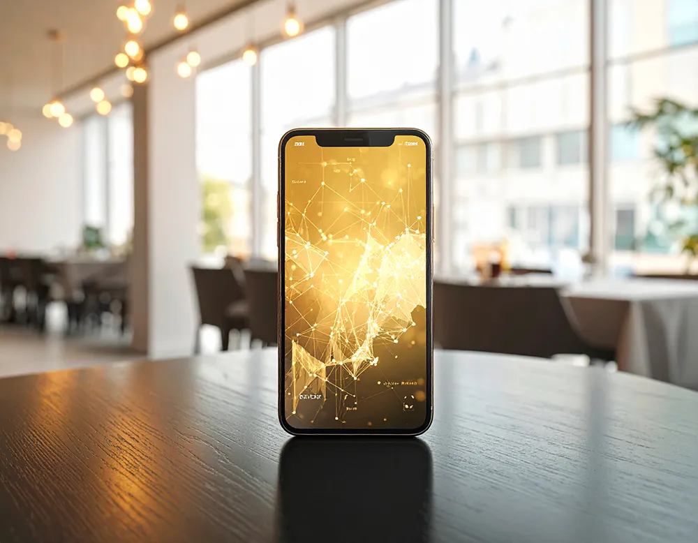 Smartphone standing on a wooden table displaying a golden abstract network pattern in a bright modern room.