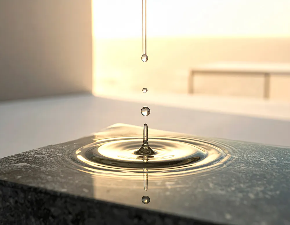 Close-up of water droplets falling and creating ripples on a reflective stone surface in warm light.