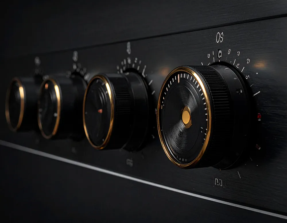 Close-up of black control knobs with gold accents on a dark appliance panel.