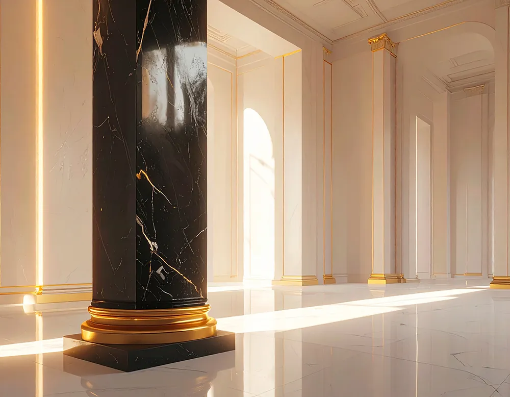 Luxurious interior with a glossy black marble column featuring gold accents and sunlight streaming through tall windows onto a polished floor.