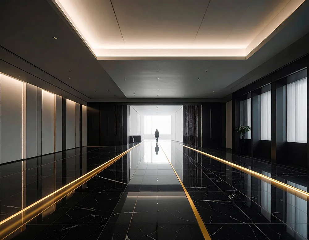 Person at the end of a modern, spacious corridor with glossy black marble floors and warm yellow accent lighting.