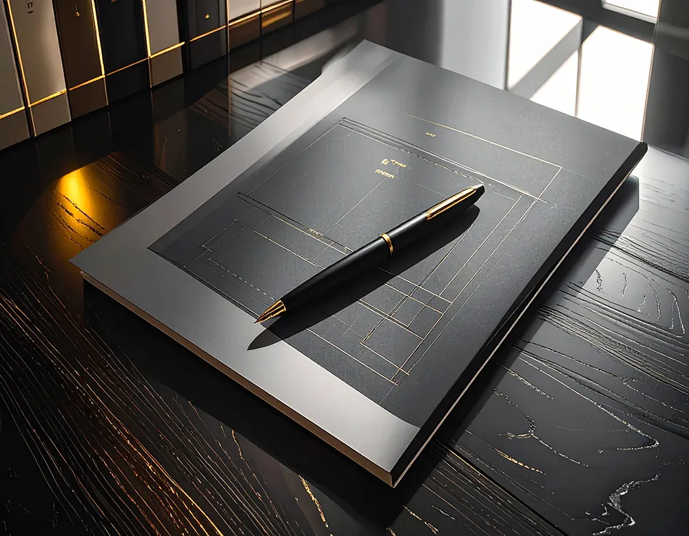 Black and gold pen resting on a black book with gold geometric line designs on a dark wooden table under warm lighting.