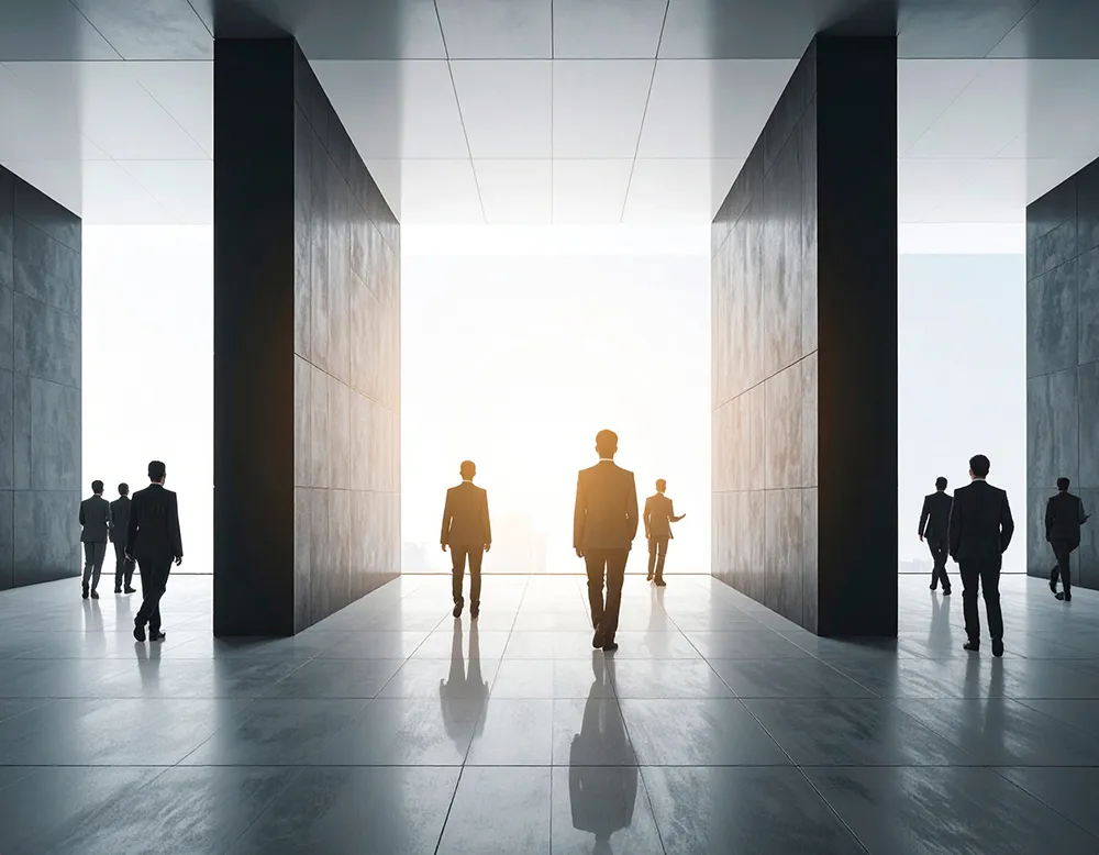 Group of businesspeople walking through a modern corridor with large black pillars and bright light ahead.