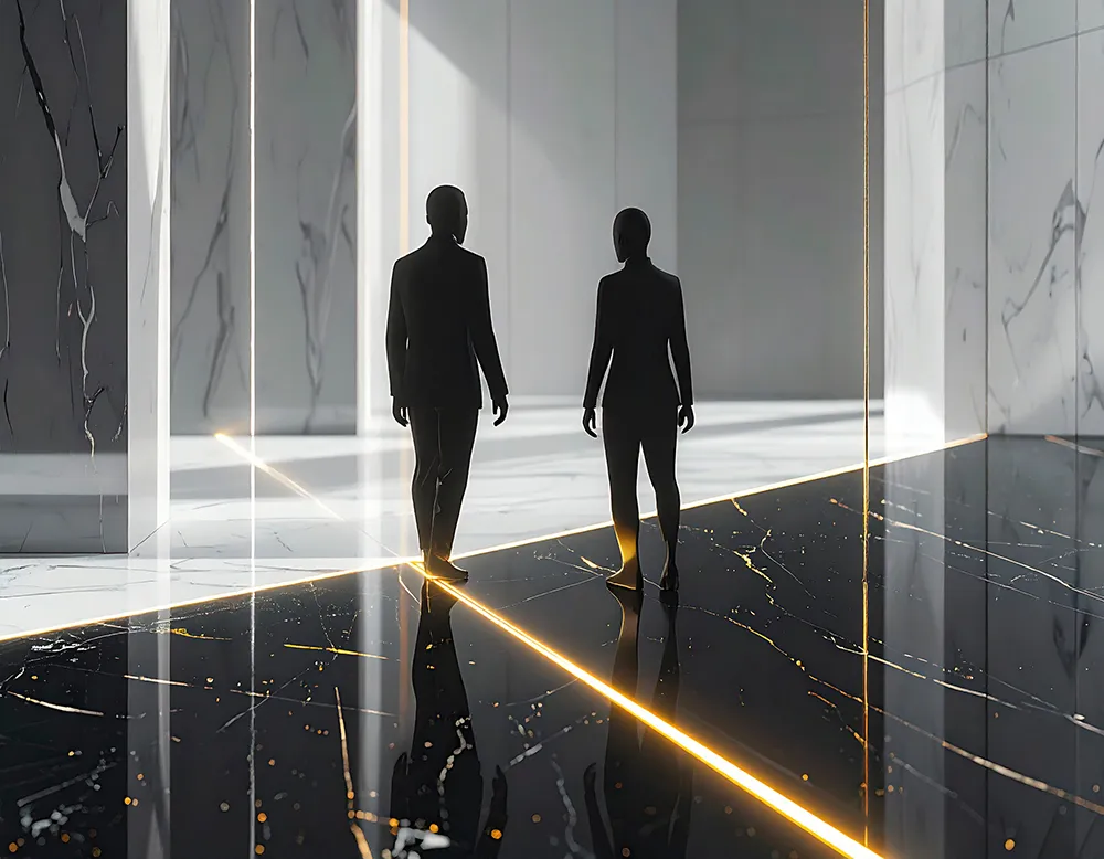 Two silhouetted figures standing on a polished black marble floor with gold veins, intersected by glowing golden lines in a modern, minimalist room with white marble walls.