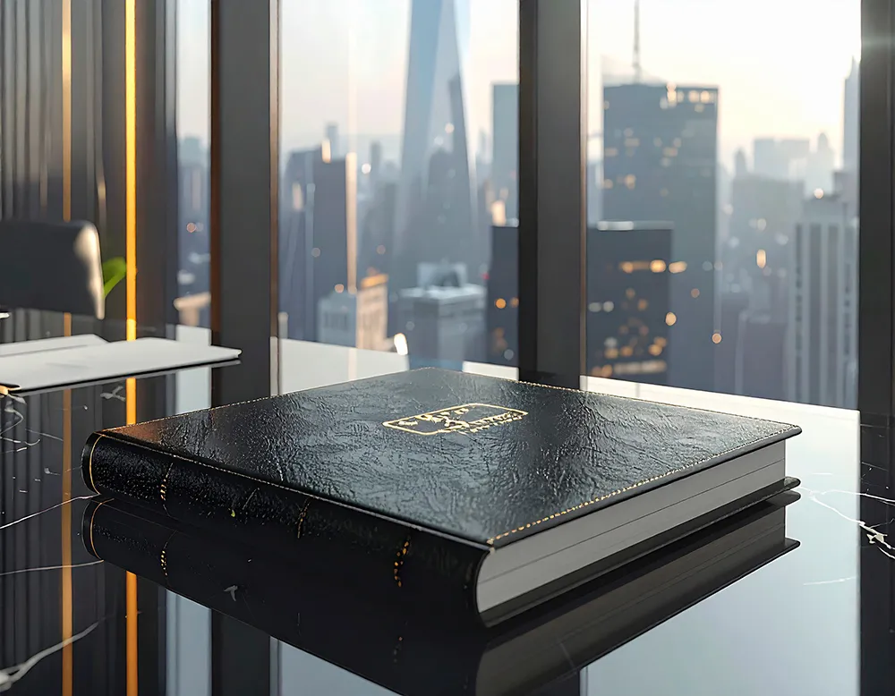 Closed black leather-bound book on a reflective black marble table with a city skyline visible through large windows in the background.