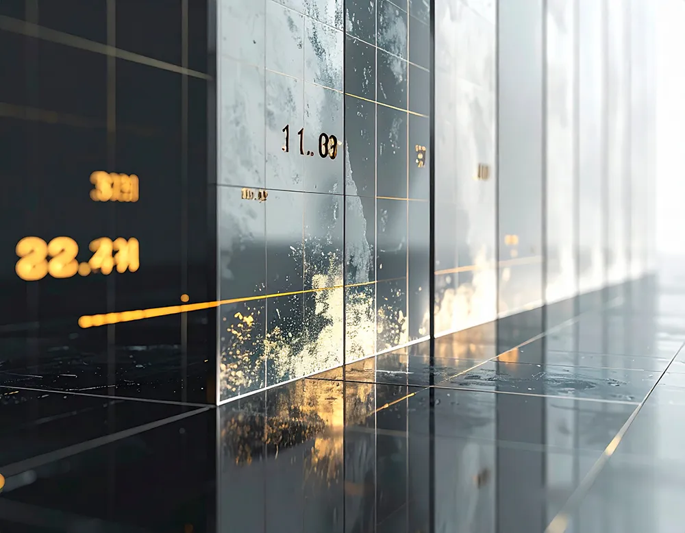 Close-up of a glossy black tiled surface with reflected golden numerical data and grid lines.