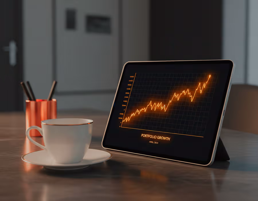 Digital financial growth graph on a tablet representing Black Pearl Investments investor management and funding strategies.