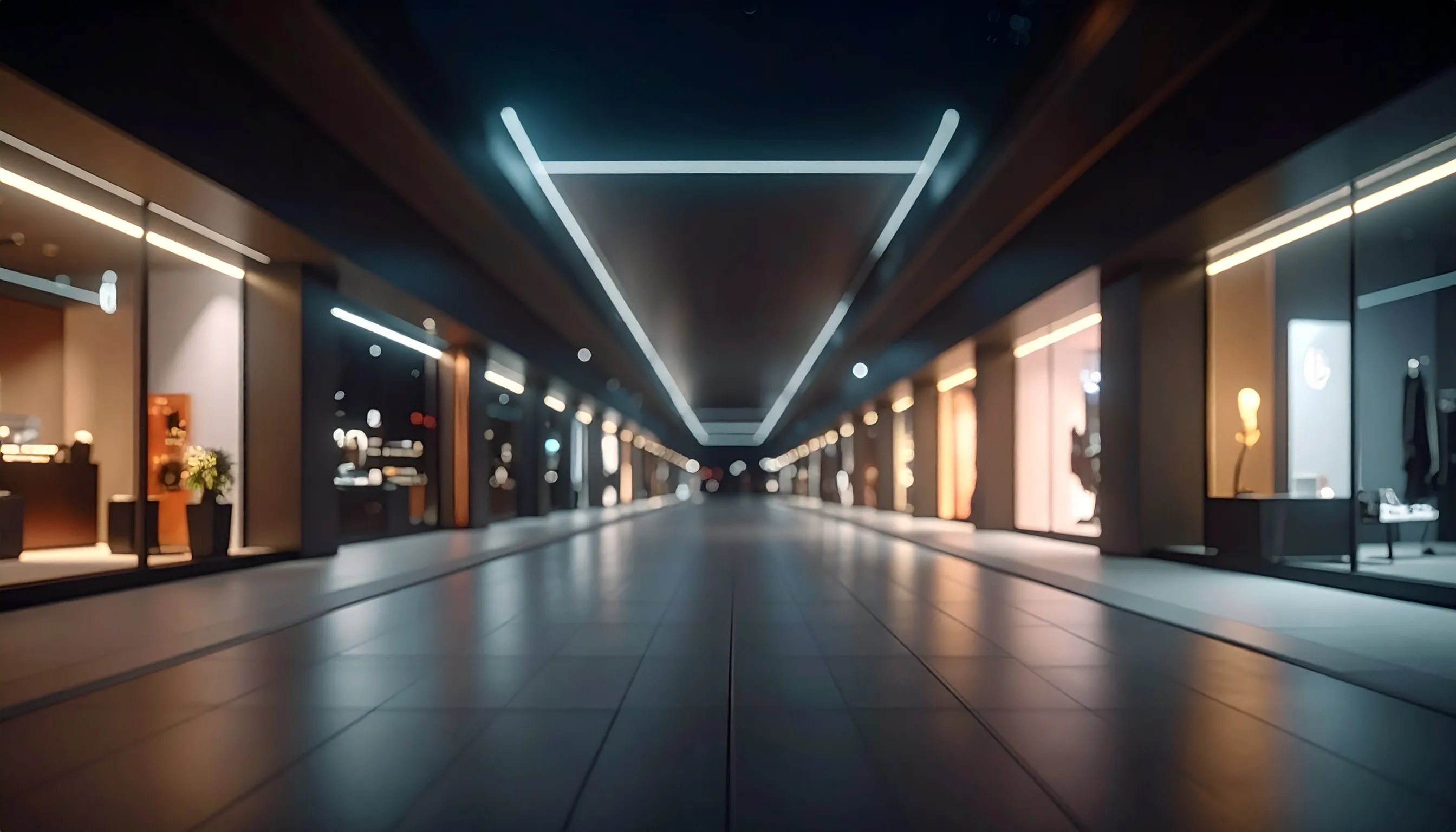 Empty modern indoor shopping corridor at night with illuminated store windows and overhead lights.