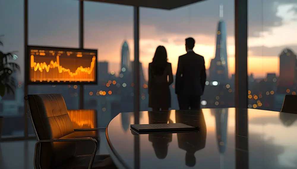 Silhouettes of a man and woman in business attire standing by a window overlooking a city skyline at sunset, with a stock market graph displayed on a screen and a leather chair and documents on a conference table in the foreground.