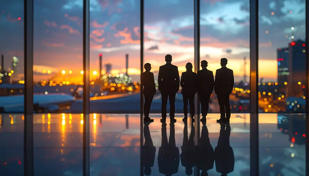 Silhouettes of five business professionals standing in front of large windows overlooking a city at sunset.