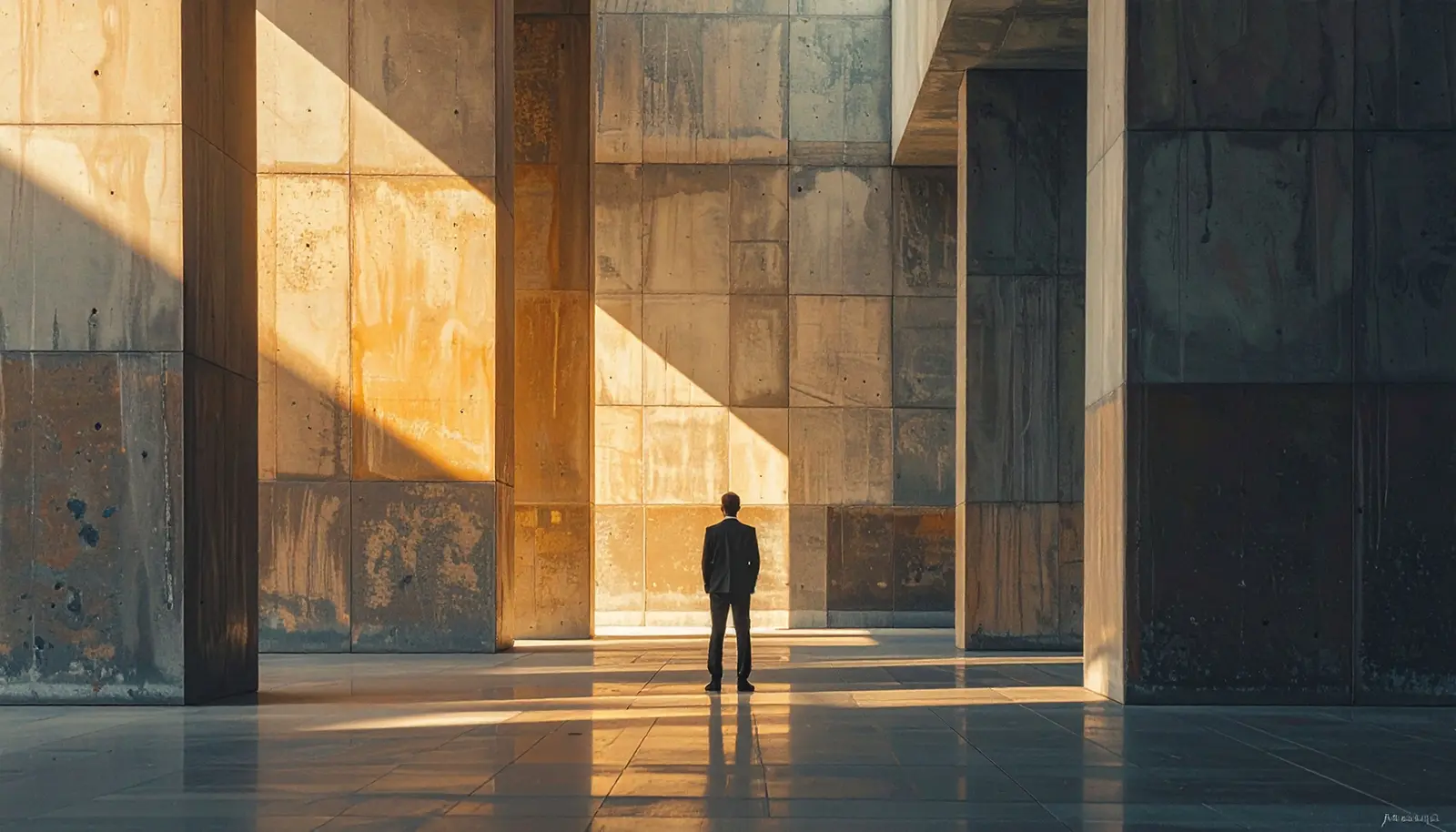A solitary man in a suit stands in a large, sunlit concrete hall with tall walls and long shadows.