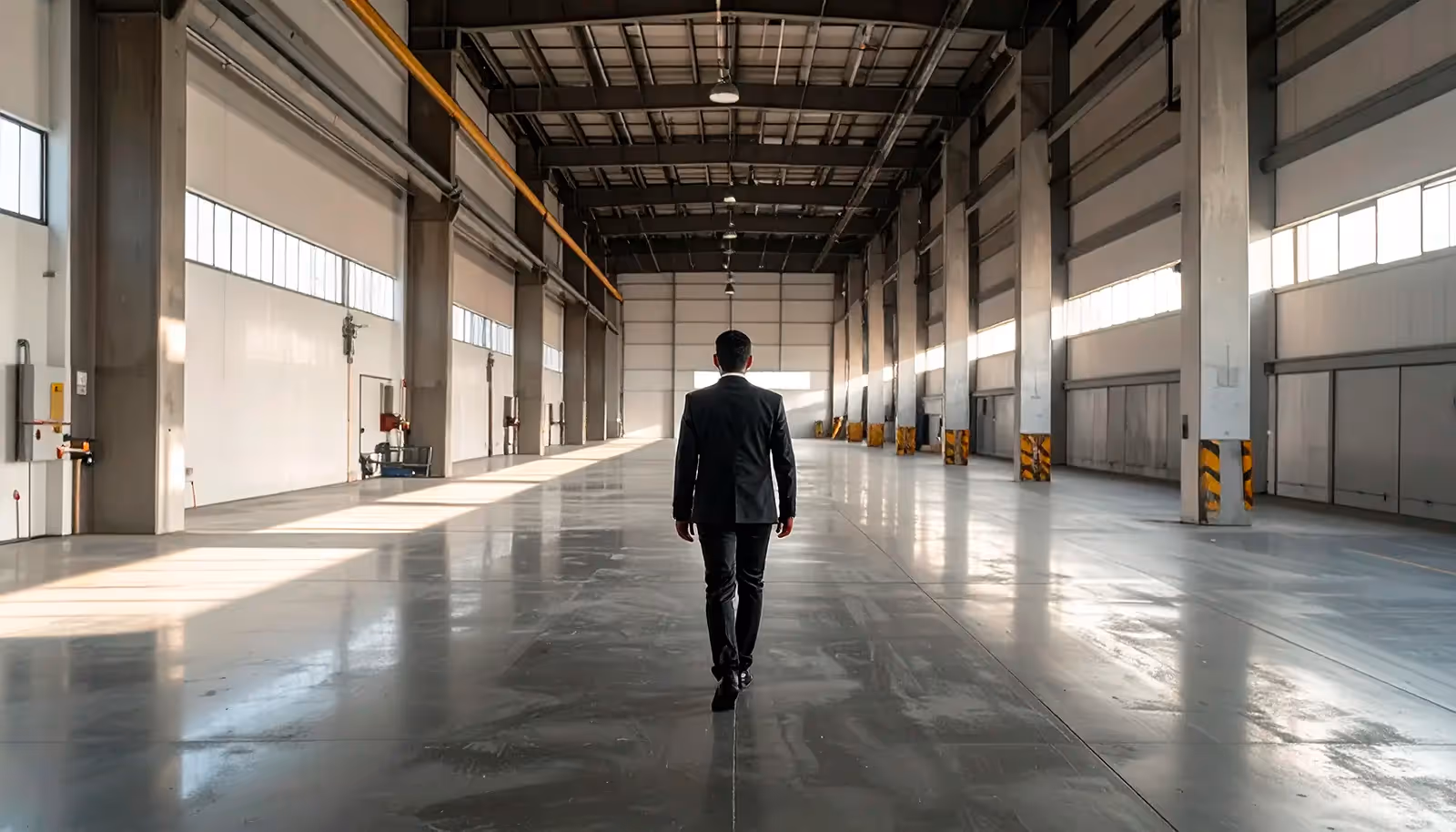 Man in a black suit walking inside a large empty industrial warehouse with polished concrete floors and high ceilings.