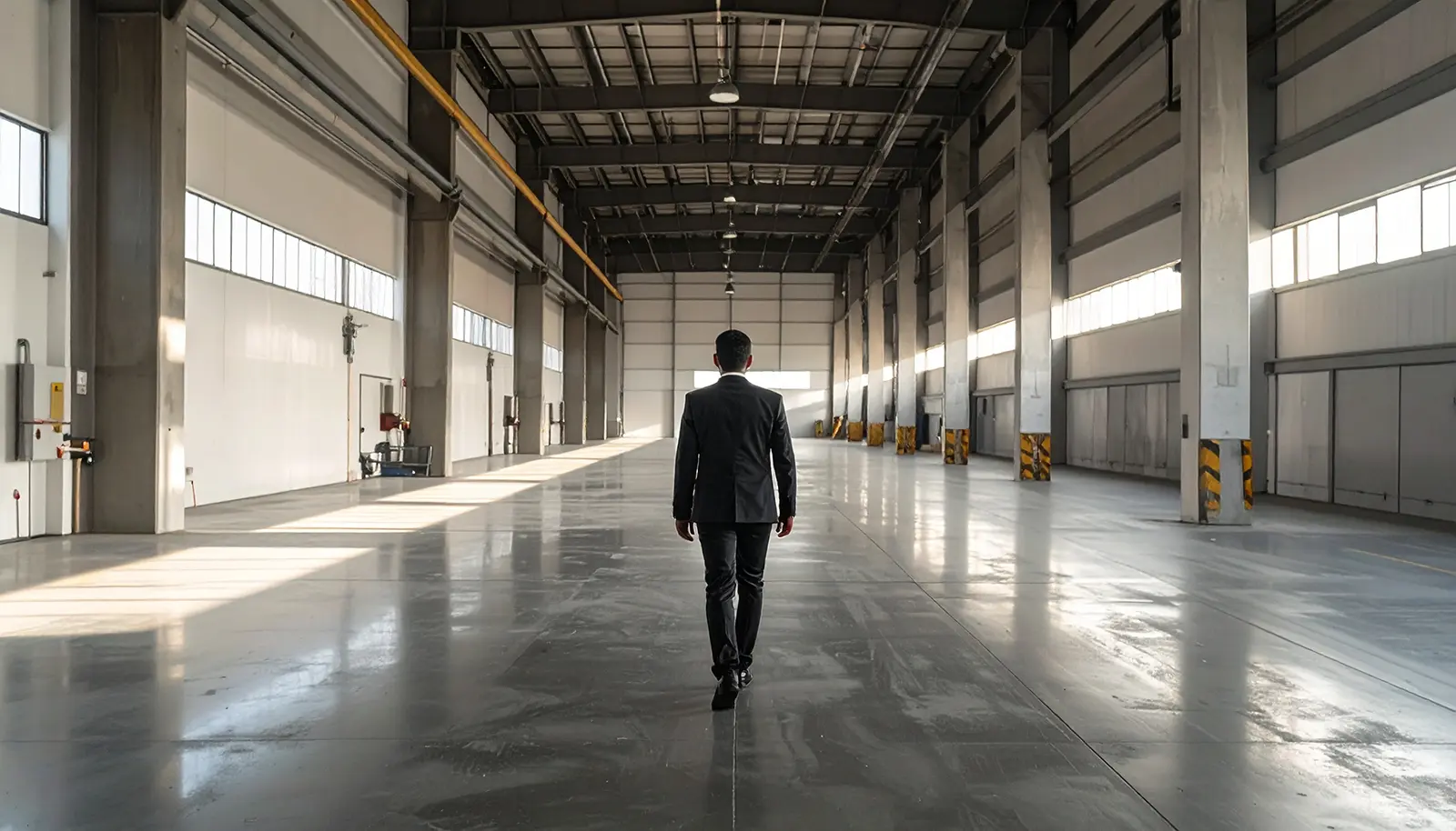 Man in a black suit walking inside a large empty industrial warehouse with polished concrete floors and high ceilings.