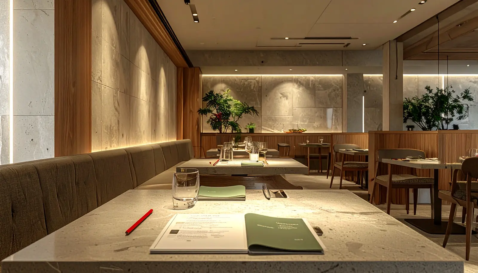 Modern restaurant interior with stone tables set with menus, glasses, and red chopsticks, featuring wood paneling and ambient lighting.