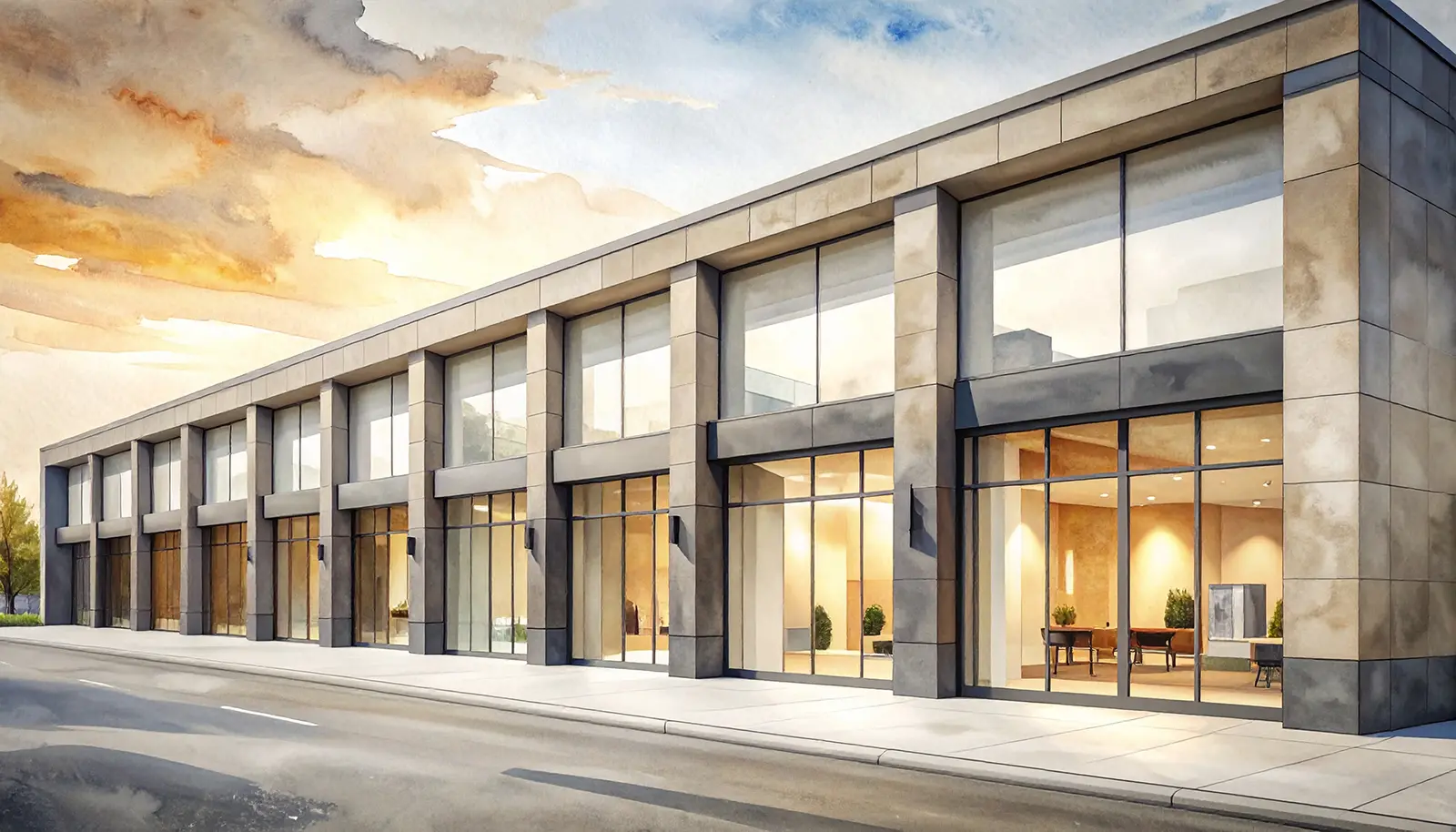 Modern commercial building with large glass windows and beige stone facade during sunset.