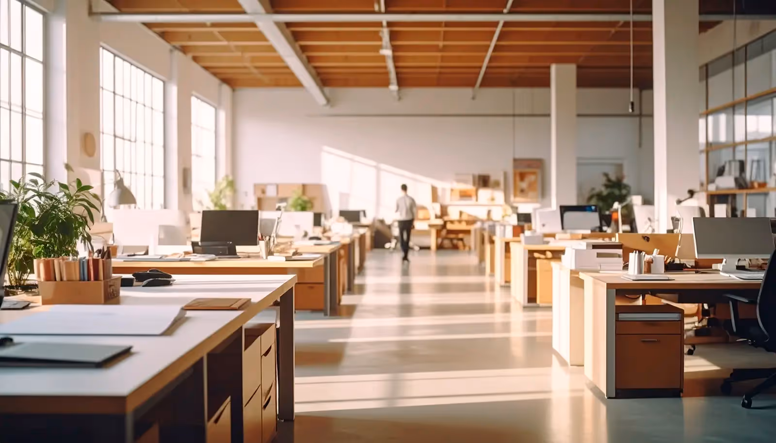Open-plan office workspace with organized desks and a single employee walking through, bathed in warm natural light.
