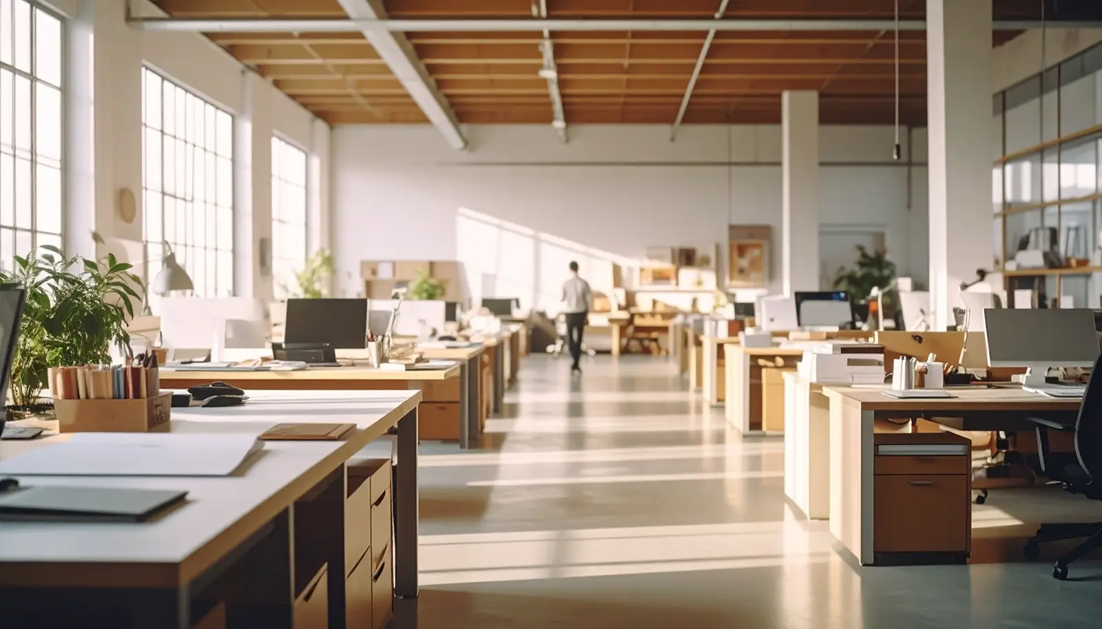 Open-plan office workspace with organized desks and a single employee walking through, bathed in warm natural light.