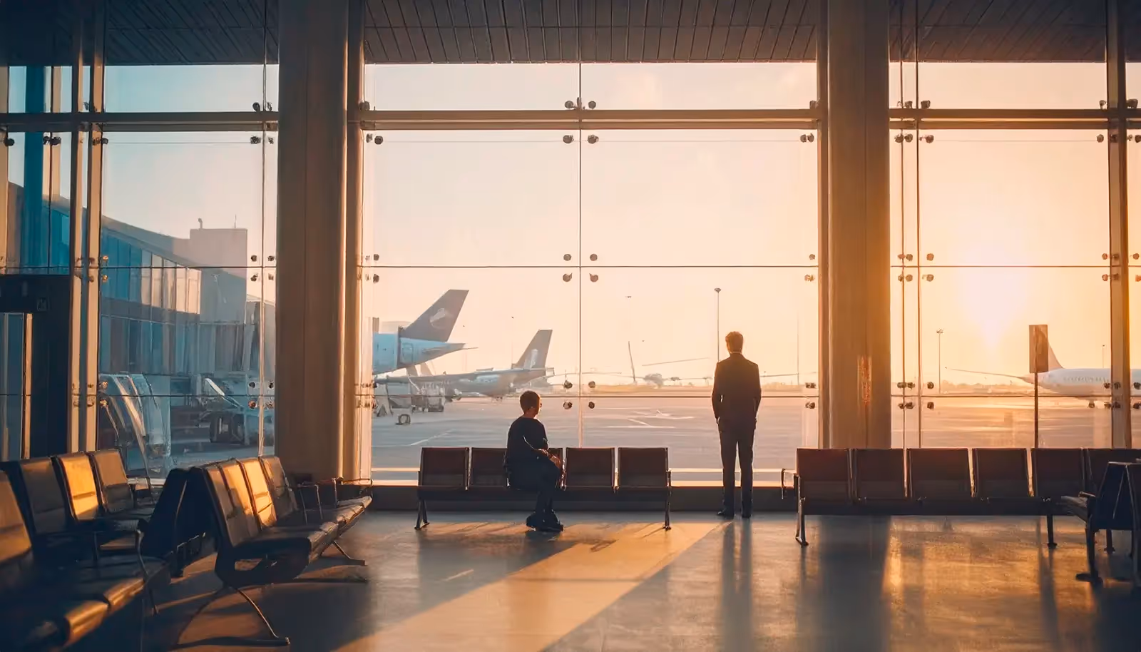 Two figures silhouetted against large airport terminal windows at golden hour, with aircraft visible on the tarmac.