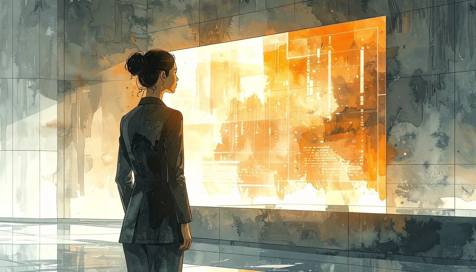 Female professional figure standing before a large luminous panel displaying abstract data patterns, editorial watercolor illustration in warm amber and charcoal tones.