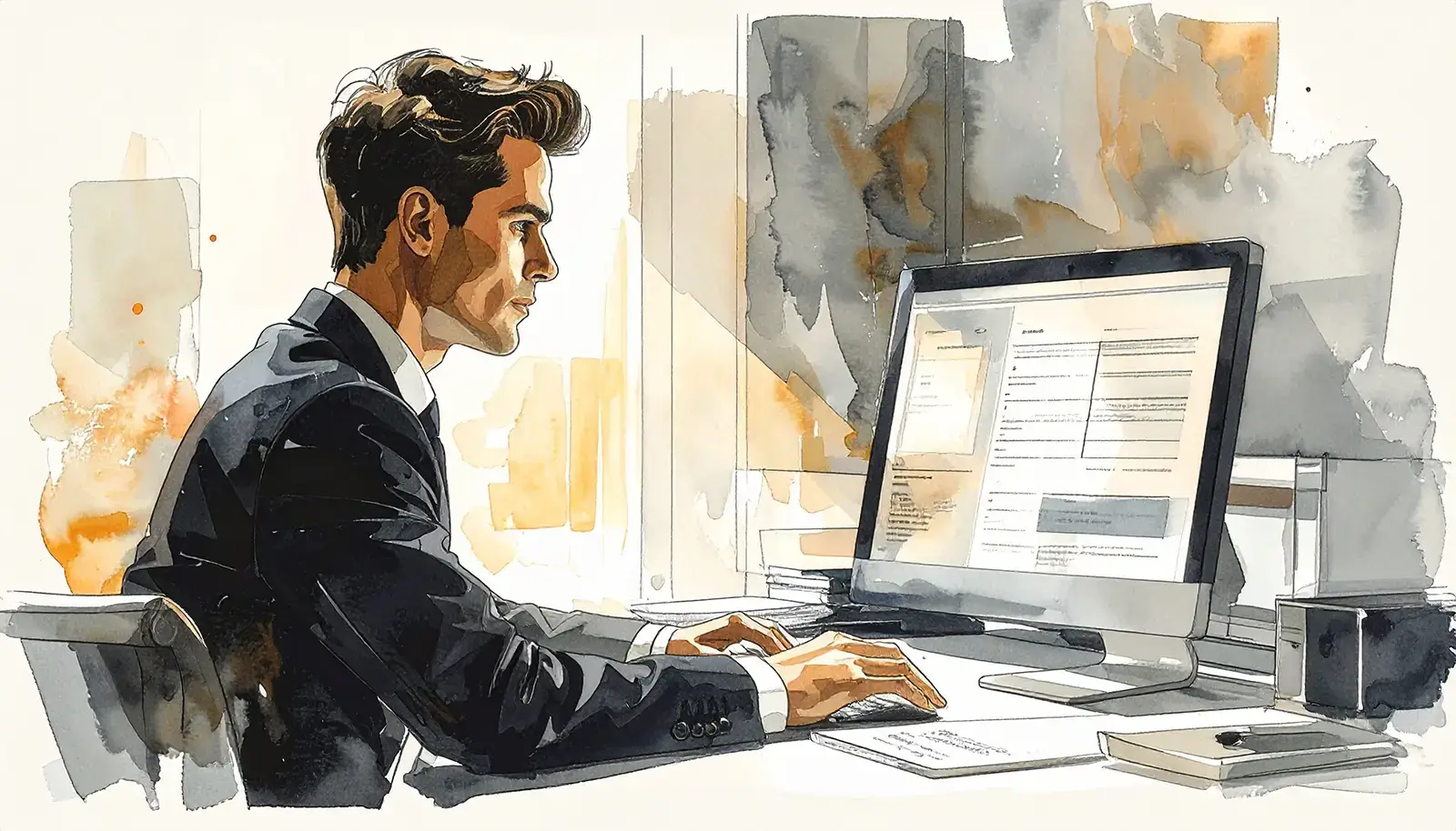 Male professional figure seated at a desk working at a computer, editorial watercolor illustration in warm amber and charcoal tones.