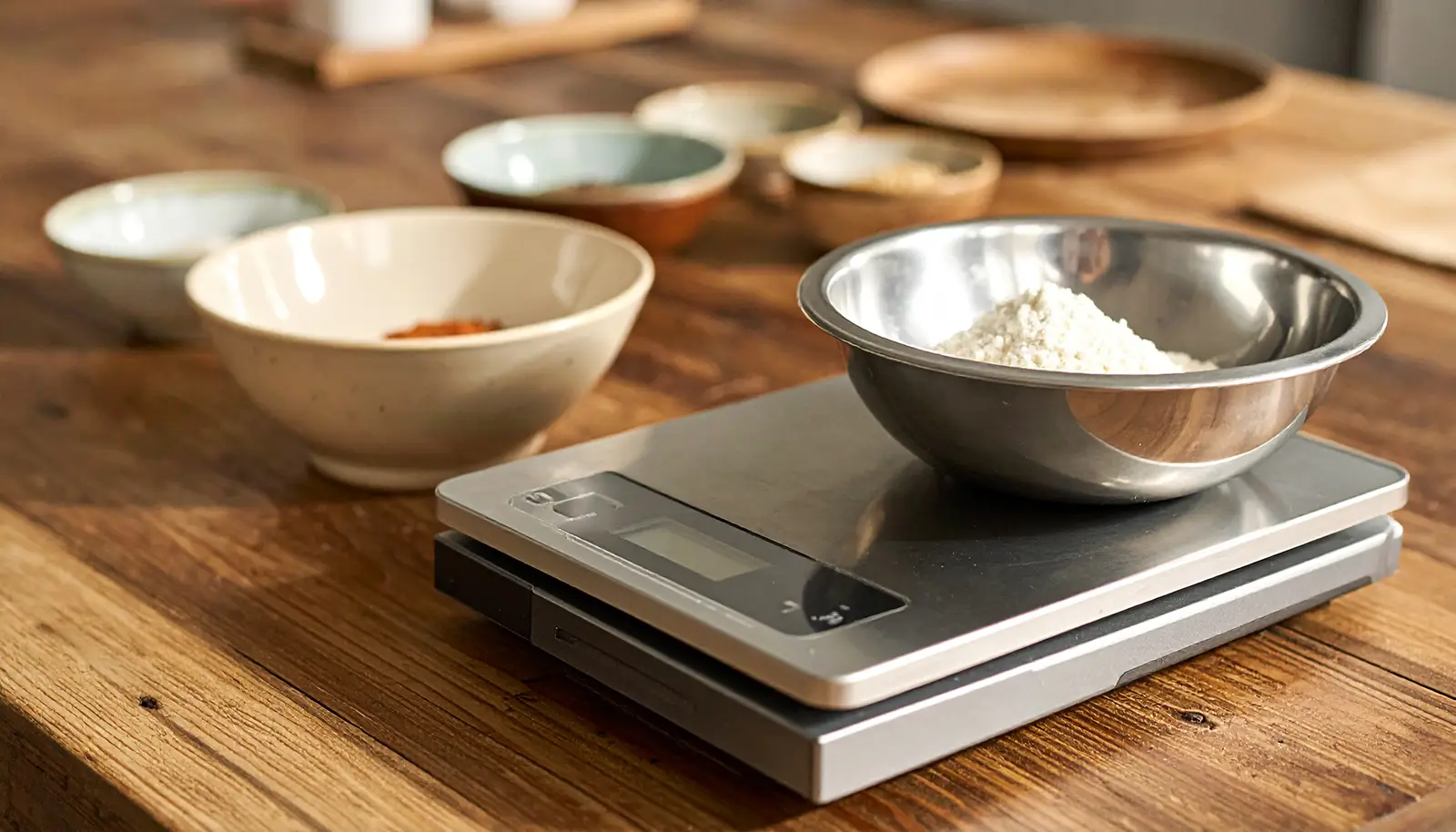 A kitchen portion scale with a stainless steel bowl of measured ingredients on a wooden prep surface, with additional ingredient bowls in the background.