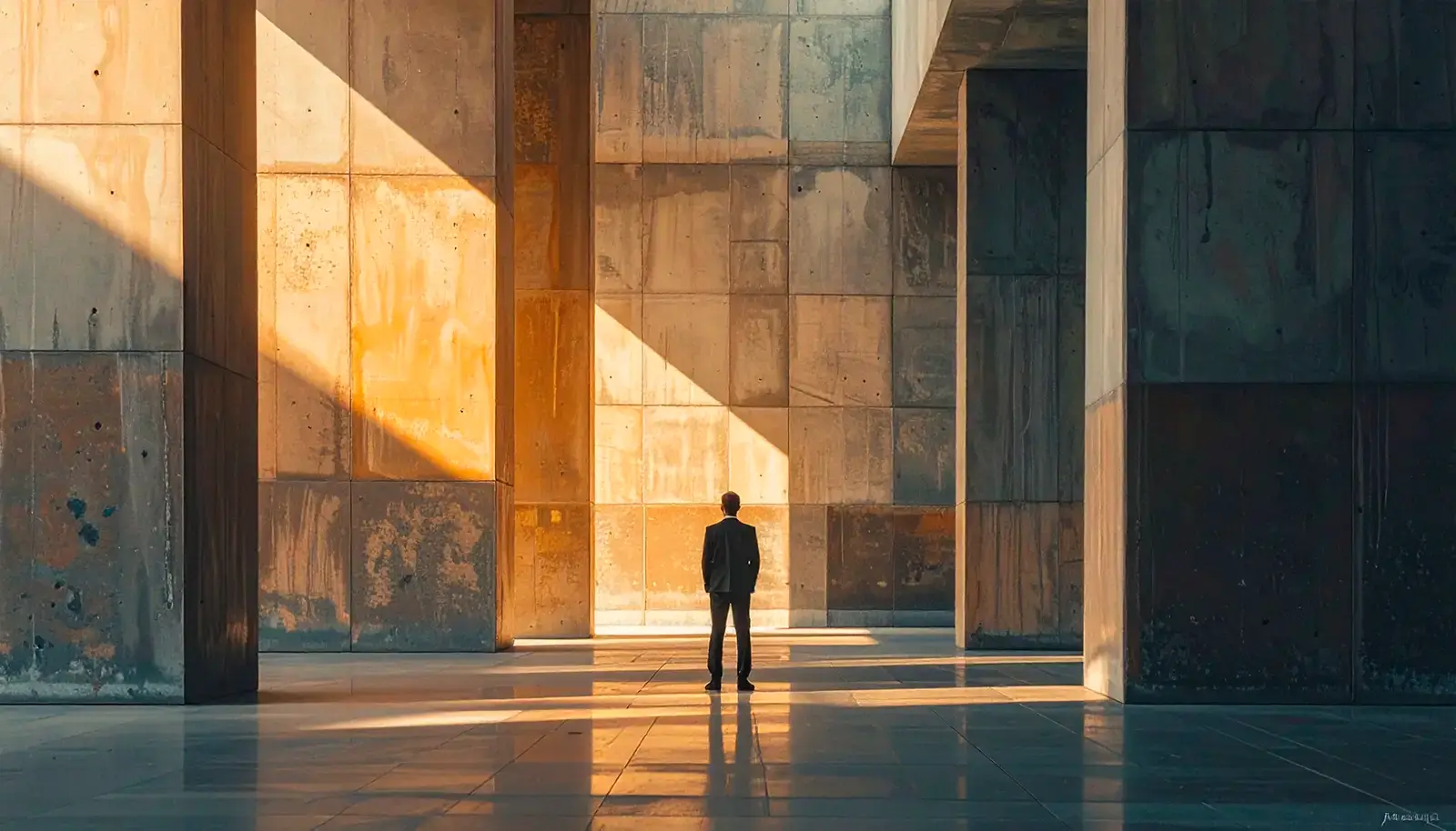 A solitary man in a suit stands in a large, sunlit concrete hall with tall walls and long shadows.