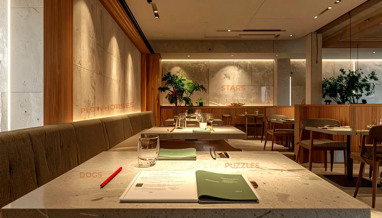 Modern restaurant interior with stone tables set with menus, glasses, and red chopsticks, featuring wood paneling and ambient lighting.