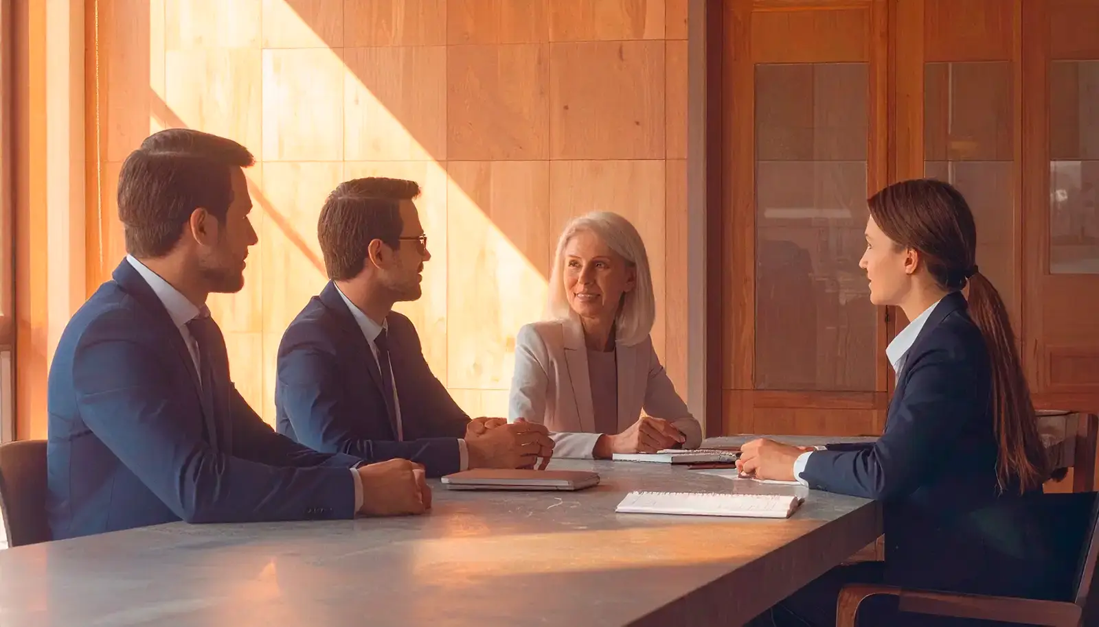 Four business professionals in suits sitting around a conference table engaged in a meeting.
