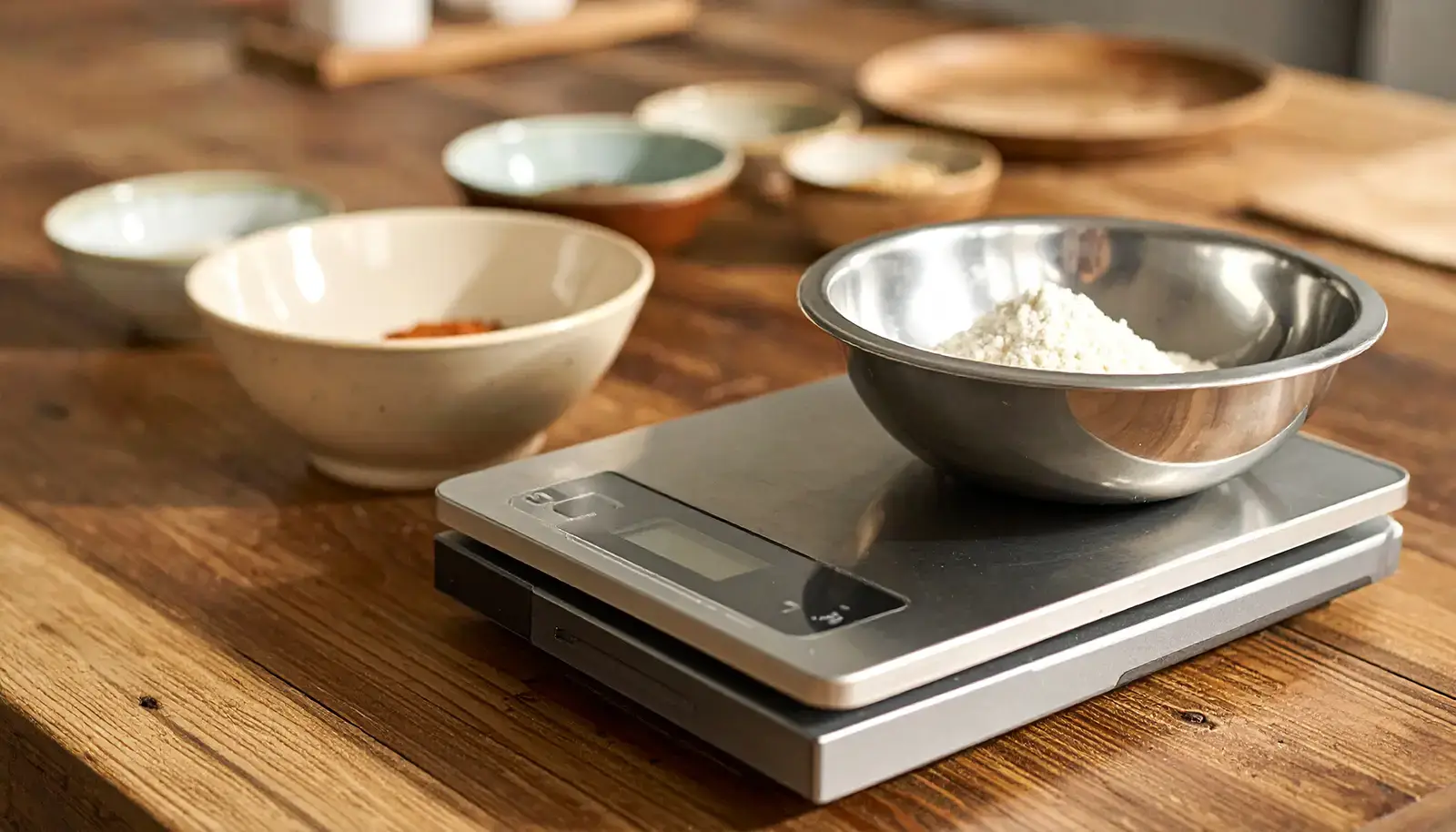 A kitchen portion scale with a stainless steel bowl of measured ingredients on a wooden prep surface, with additional ingredient bowls in the background.